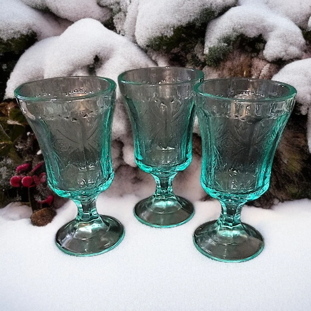 3 Indiana Glass‎ Recollection Goblet Glass Teal Aqua Vintage Beach Cottage House